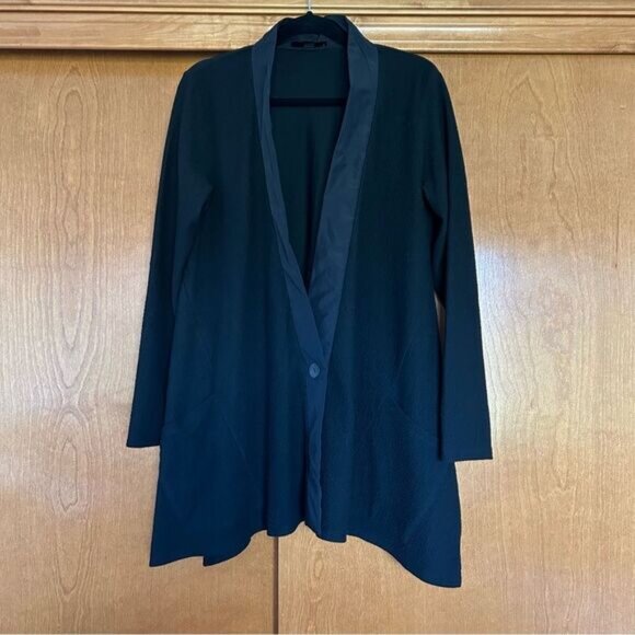 Luukaa Black One Button Asymmetric Cardigan Jacket Size 1 US 6 Lagenlook - Picture 1 of 12